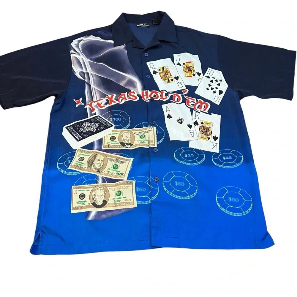 J/E/T Strtwr Texas Hold ‘Em Cards Deck Poker Button Down at Shirt Medium